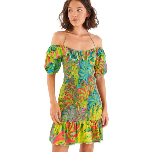 FARM Rio Dresses & Skirts - FARM Rio Neon Banana Print Off Shoulder Puff Sleeve Smocked Mini Dress XS